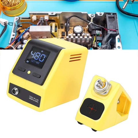 120W Digital Soldering Station Kit With Rapid Three Second Heating Anti Static T210 Iron LCD Display Safe PCB Electronics DIY Repair US Plug Pro Grade Dope Soldering Tool For Projects, yellow unit with LCD, shown with open PCB in background