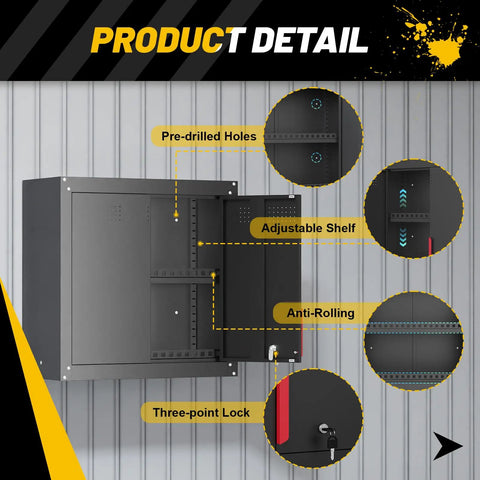 Beefy Heavy Duty Metal Wall Cabinet For Garage, Wall Mounted Storage With Lock And Handle, showing adjustable shelves and lock