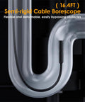 Ultra Clear Endoscope Camera With Light For Home And Auto Inspections, 1920x1440 HD Borescope With IP67 Waterproof Seal, SemiRigid Snake Camera, 16.4Ft Cable, 8 LED Lights, Works With iPhone And Android, For Pipes And Engine Bays. 16.4ft semi-rigid cable shown bending through a pipe