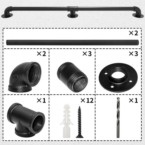 Parts of Heavy Duty Industrial Galvanized Pipe Stair Handrail 5 Foot Length With Wall Mounts Black Powder Coat Finish