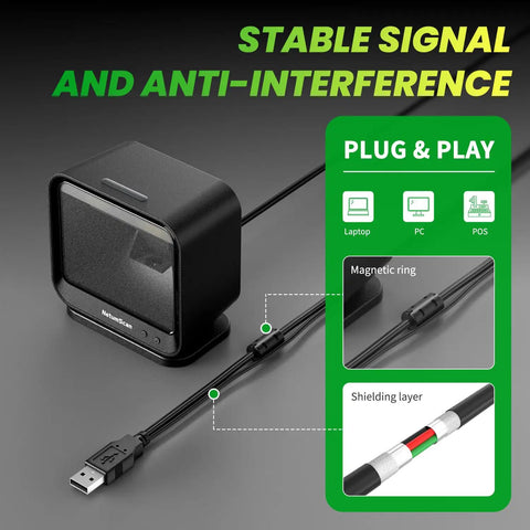 Hands Free USB Barcode Scanner With Auto Sensor Trigger Reads 1D 2D And QR Codes No Fuss Fast For POS Retail Warehouse And Inventory Management Plug And Play with cable close-up