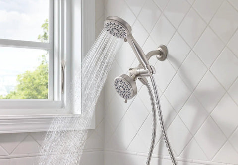 Brushed Nickel Five-Function Shower Head With Handheld Showerhead, 3.75 Inch Spray Head, 60 Inch Hose in bathroom