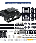 Beefy All Metal Tank Chassis With DC Geared Motor And Shock Absorbing Suspension For A Full Track Robotic Moving Platform Compatible With Arduino Raspberry Pi Jetson DIY Maker Smart Robot Car Learning Kit Black, parts displayed.