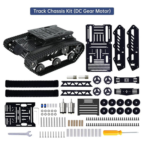 Beefy All Metal Tank Chassis With DC Geared Motor And Shock Absorbing Suspension For A Full Track Robotic Moving Platform Compatible With Arduino Raspberry Pi Jetson DIY Maker Smart Robot Car Learning Kit Black, parts displayed.