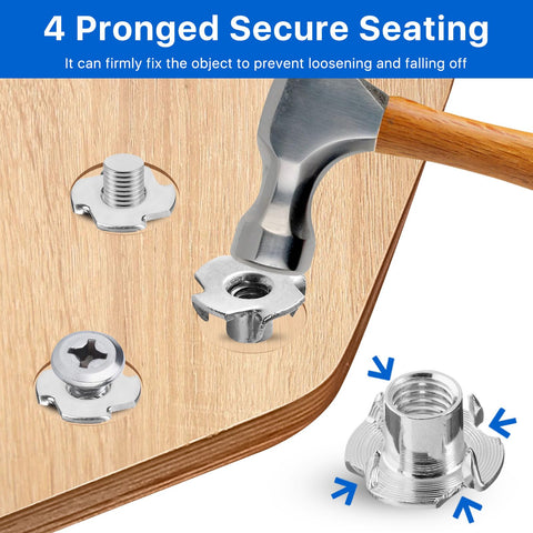 Close-up of 100 Pack One Quarter Twenty T Nuts Stainless Steel 304 Four Prong Tee Nuts installed in wood for secure joints