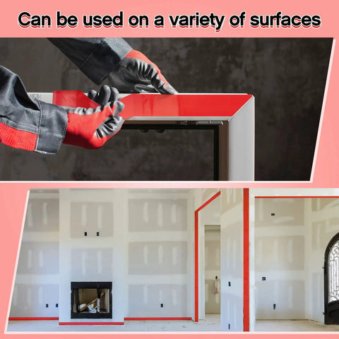 Person applying Built Tough Red Construction Seaming Tape Three Inches Wide By Fifty Five Yards heavy duty tape on wall edges.