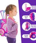 Girl carrying Toddler Golf Set For Kids Ages 2 To 5 with 4 plastic clubs, 8 balls, pink golf cart toy, and features description.
