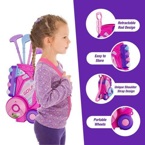 Girl carrying Toddler Golf Set For Kids Ages 2 To 5 with 4 plastic clubs, 8 balls, pink golf cart toy, and features description.