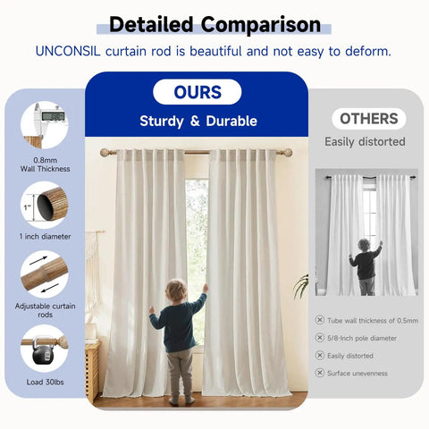 Comparison showing Heavy Duty Adjustable Wood Curtain Rods 1 Inch Diameter 48 to 86 Inches with Imitation Wood Grain Leaf Pattern Finials.