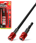 Go-To Pro 2 Piece Quarter Inch Quick Release Bit Holder with magnetic knurled grip, package and close-up view, red and black.