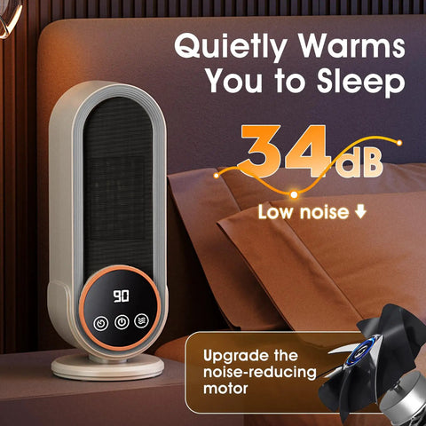 Portable Indoor Space Heater With 1200W PTC Ceramic Rapid Heating, Quiet design near a bed, energy efficient for home use.