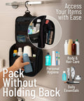 On The Go Travel Toiletry Bag With Ten Compartments Hanging Cosmetic Organizer shown open with toiletries organized inside