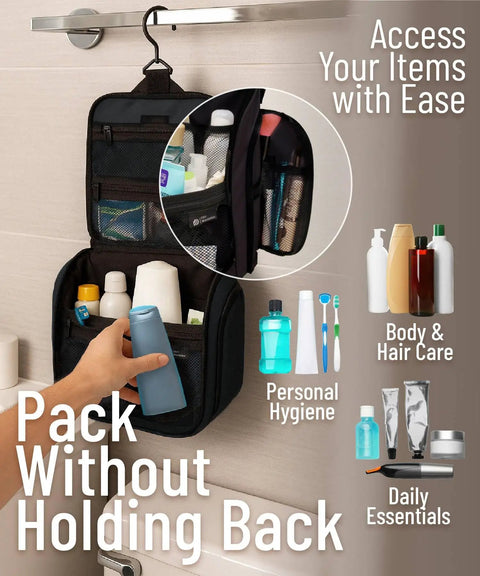 On The Go Travel Toiletry Bag With Ten Compartments Hanging Cosmetic Organizer shown open with toiletries organized inside