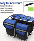 Large Bike Frame Bag 2L With Four Compartments, Water Resistant Frame Storage with blue top and black lower compartments.