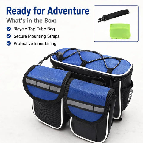 Large Bike Frame Bag 2L With Four Compartments, Water Resistant Frame Storage with blue top and black lower compartments.
