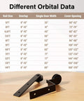 Chart of rail size and corresponding measurements with 9Foot Single Track Bypass Sliding Barn Door Hardware Kit components below.