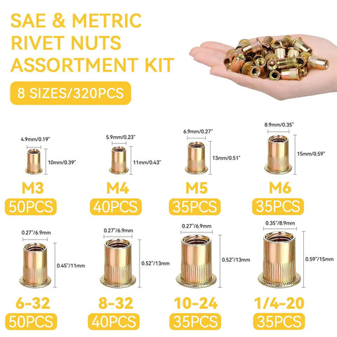 Complete Rivet Nut Tool Kit Features 320 Piece Metric and SAE Threaded Insert Set with various sizes displayed on a hand.
