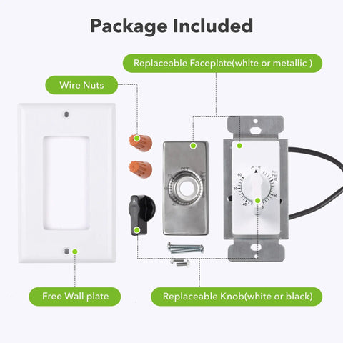 60 Minute Spring Wound Bathroom Timer Switch package including wall plate, wire nuts, replaceable knob, and faceplate