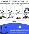 24V Electric Dirt Bike Charger For MX Series with compatible models like MX350, E100, E200 scooters and bikes shown with charger cable