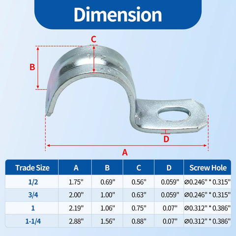 Heavy Duty One Hole 1/2 Emt Straps 100 Pack Zinc Plated Steel Conduit Clamps dimensions diagram with measurements labeled
