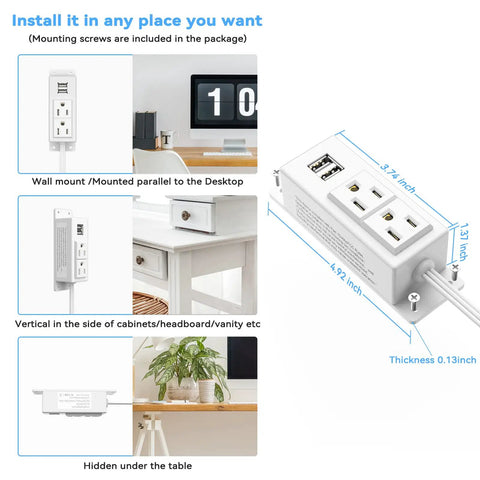 Power Strip With USB Ports, Wall Mountable Surge Protector, 2 AC Outlets And 2 USB Charging Ports, Flat Plug, 6.56 Ft Extension Cord, White