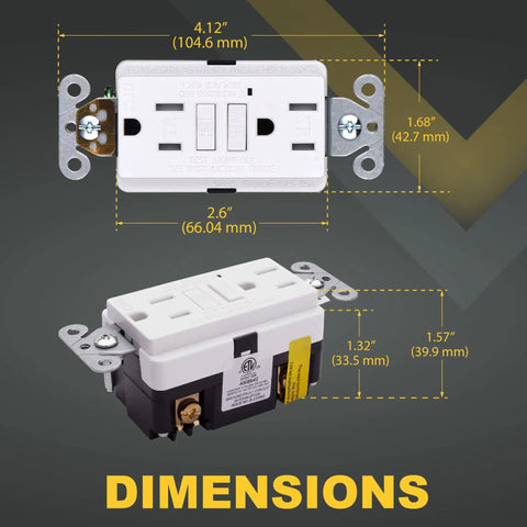 Five Pack 15A GFCI Outlet With LED Indicator, Self Test, ETL Listed GFI Duplex Receptacles, dimensions shown in image