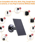 2W Solar Panel For Rechargeable Battery Security Cameras With Micro USB And USB C Ports 360 Degree Adjustable Mount Black showing compatibility diagram
