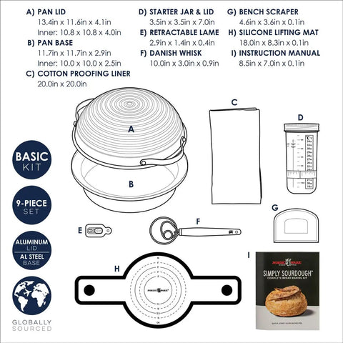 Complete Bread Baking Kit With 12 Inch All Metal Pan And Domed Lid For Fast Steam Bake No Preheat Needed Banneton Tools diagram