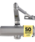 Light Duty Automatic Door Closer In Silver With Cast Aluminum Body Durable For Commercial Or Home Use Adjustable Speed Controls Three Mounting Options Fire Rated For Three Hours Wrought Steel Arm Model DC5003, top view