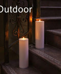 Outdoor Flameless LED Pillar Candles Set Of 2 12 Inch By 4 Inch Battery Operated With Remote Timed Flicker Waterproof Plastic Candles For Patio Porch Lanterns White For Cozy Porch Vibes on stairs