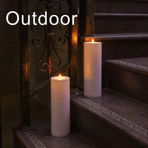 Outdoor Flameless LED Pillar Candles Set Of 2 12 Inch By 4 Inch Battery Operated With Remote Timed Flicker Waterproof Plastic Candles For Patio Porch Lanterns White For Cozy Porch Vibes on stairs