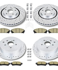 Front And Rear Drilled And Slotted Brake Rotors And Ceramic Brake Pads Kit For 2010-2015 Lexus RX350 RX450h 2011-2020 Toyota Sienna 2014-2019 Highlander No Brainer Brake Upgrade displayed with all components including four rotors and eight pads.