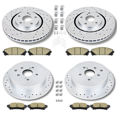 Front And Rear Drilled And Slotted Brake Rotors And Ceramic Brake Pads Kit For 2010-2015 Lexus RX350 RX450h 2011-2020 Toyota Sienna 2014-2019 Highlander No Brainer Brake Upgrade displayed with all components including four rotors and eight pads.