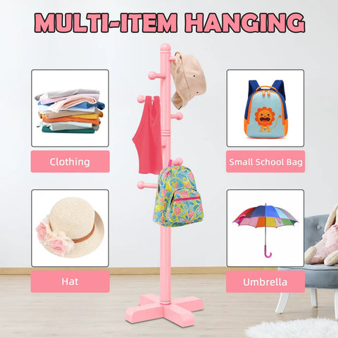Pink freestanding coat rack with eight hooks and adjustable height, storing hats, bags, umbrella, and clothes in a bedroom.