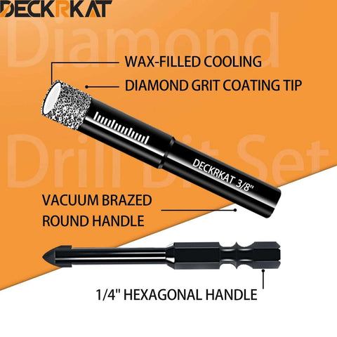 DeckRKAT 7-piece dry diamond drill bit set for tile; diamond grit tip with wax-filled cooling; 1/4-in hex shank.