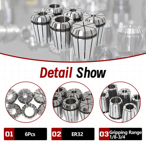 Detail view of ER32 Spring Collet Set Six Piece One Eighth To Three Quarters Inch Range For CNC Milling Lathe Tooling And Work Holding Engraving Machine Built Tough With High Precision 0.015 MM Accuracy