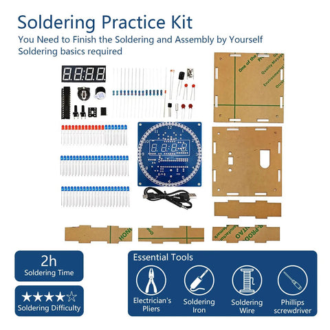 Hands On Soldering Practice Kit With Digital Clock Rotating LED Running Light Temperature Control Light Control Transparent Case parts
