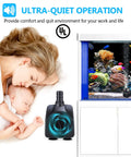 Low Key Dual Pack Submersible Fountain Pump 160GPH 10W with aquarium and sleeping woman and child.