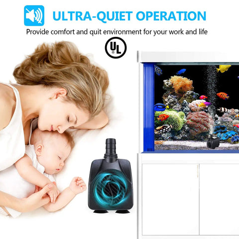 Submersible Fountain Pump 160 GPH 10W ultra quiet operation near sleeping family and aquarium scene.