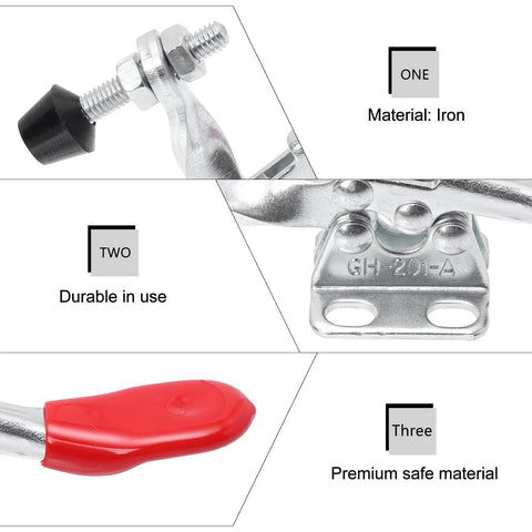 4 Piece Horizontal Toggle Clamp Set Fast Locking Clip With Straight Line Push Pull Action details showing iron material.