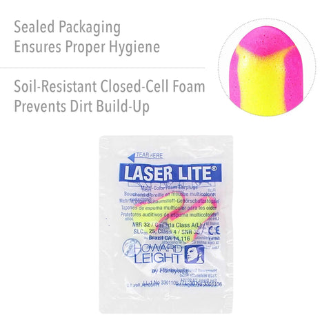 Laser Lite High Visibility Disposable Foam Earplugs With Self-Adjusting Fit, NRR 32 in sealed packaging and vibrant yellow color