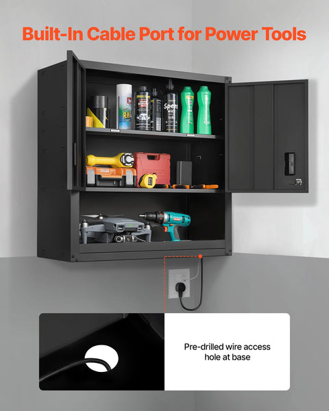 Heavy Duty Metal Wall Cabinet With Locking Doors And Adjustable Shelves, 30W x 12.01D x 30H Inches, Steel Floating Wall Mount Storage For Garage Basement Kitchen And Warehouse In Black displaying tools with built-in cable port.