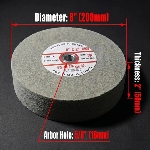 8 Inch Nylon Fiber Buffing Wheel Extra Thick 180 Grit Silicone Carbide Burnishing Wheel With Five Eighths Inch Arbor For Bench Grinder Durable Polishing Tool For Consistent High Quality Finishes, showing measurements