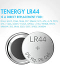 Tenergy LR44 1.5V button cell battery showing top view, listing replacements for watches and small electronics.