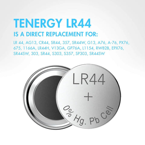 Tenergy LR44 1.5V button cell battery showing top view, listing replacements for watches and small electronics.
