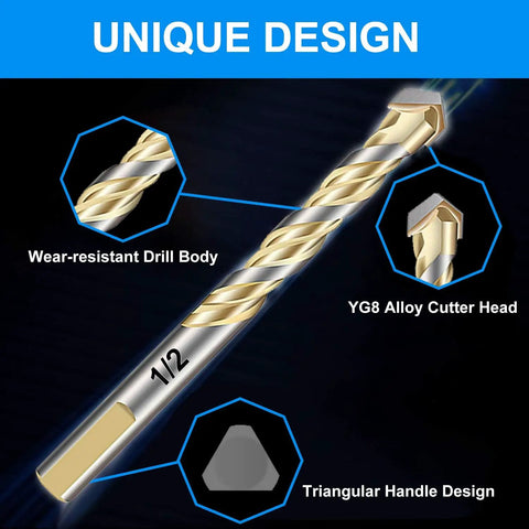 Beefy 10 Piece Masonry Drill Bit Set With Carbide Tips For Ceramic Tile Glass Marble Porcelain Wood Plastic Walls Includes Sizes 1/8, 5/32, 3/16, 1/4, 5/16, 3/8, 1/2 Inch Gold Finish, showing 1/2 inch bit with wear-resistant YG8 alloy cutter head and triangular handle design.