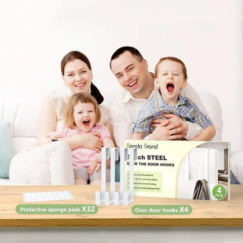 Over The Door Z Shaped Reversible Hooks For Clothes Coats Towels And Shoes Fits Doors With One And Three Eighths Inch Or One And Three Quarters Inch Widths Black 10 Pack shown with packaging and happy family in background.