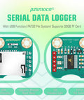 Serial Data Logger for Arduino and Raspberry Pi with FAT32 support, USB data capture, and 32GB TF card compatibility shown front and back.