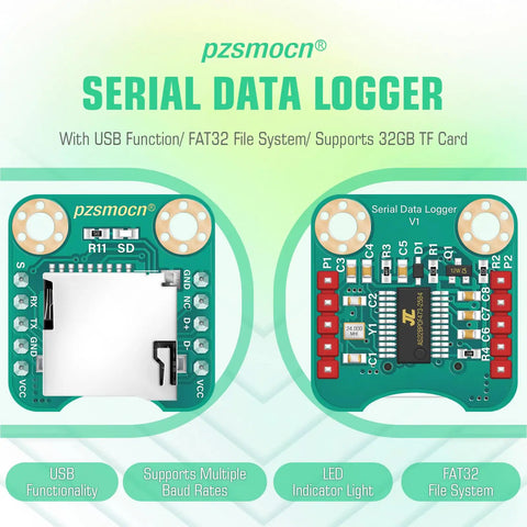 Serial Data Logger for Arduino and Raspberry Pi with FAT32 support, USB data capture, and 32GB TF card compatibility shown front and back.