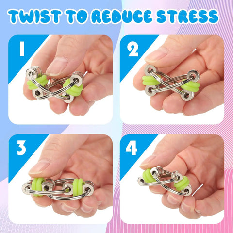Dope Ten Pack Bike Chain Fidget Flippy Key Rings For Stress Relief And ADHD, showing steps for twisting in stainless steel and silicone.